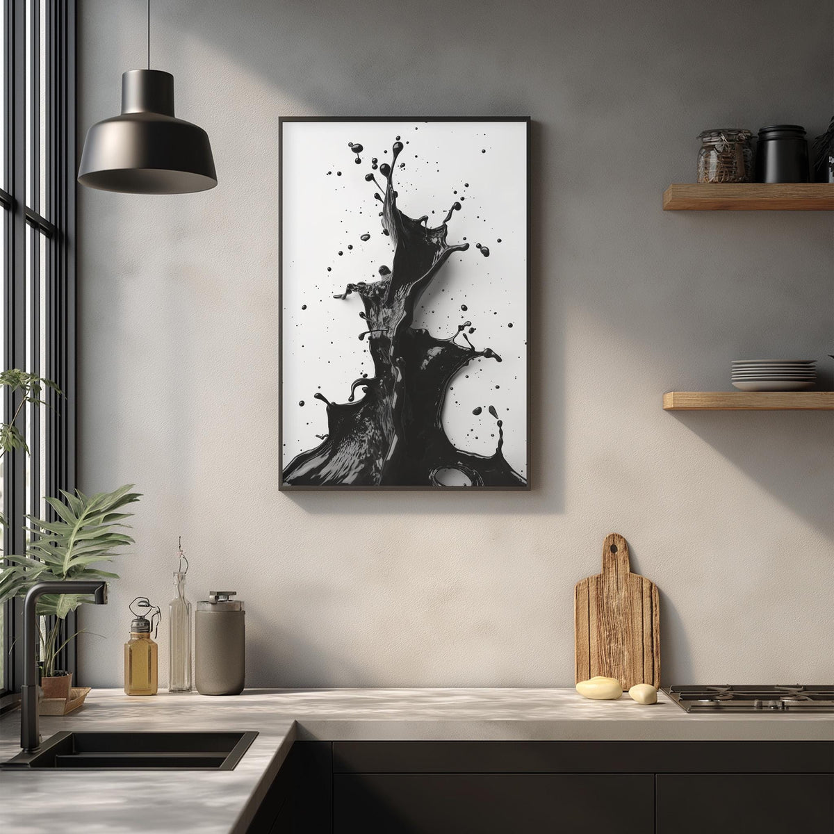 a modern kitchen with a large black and white abstract painting hanging on the wall above a wooden cutting board and other kitchen items.
