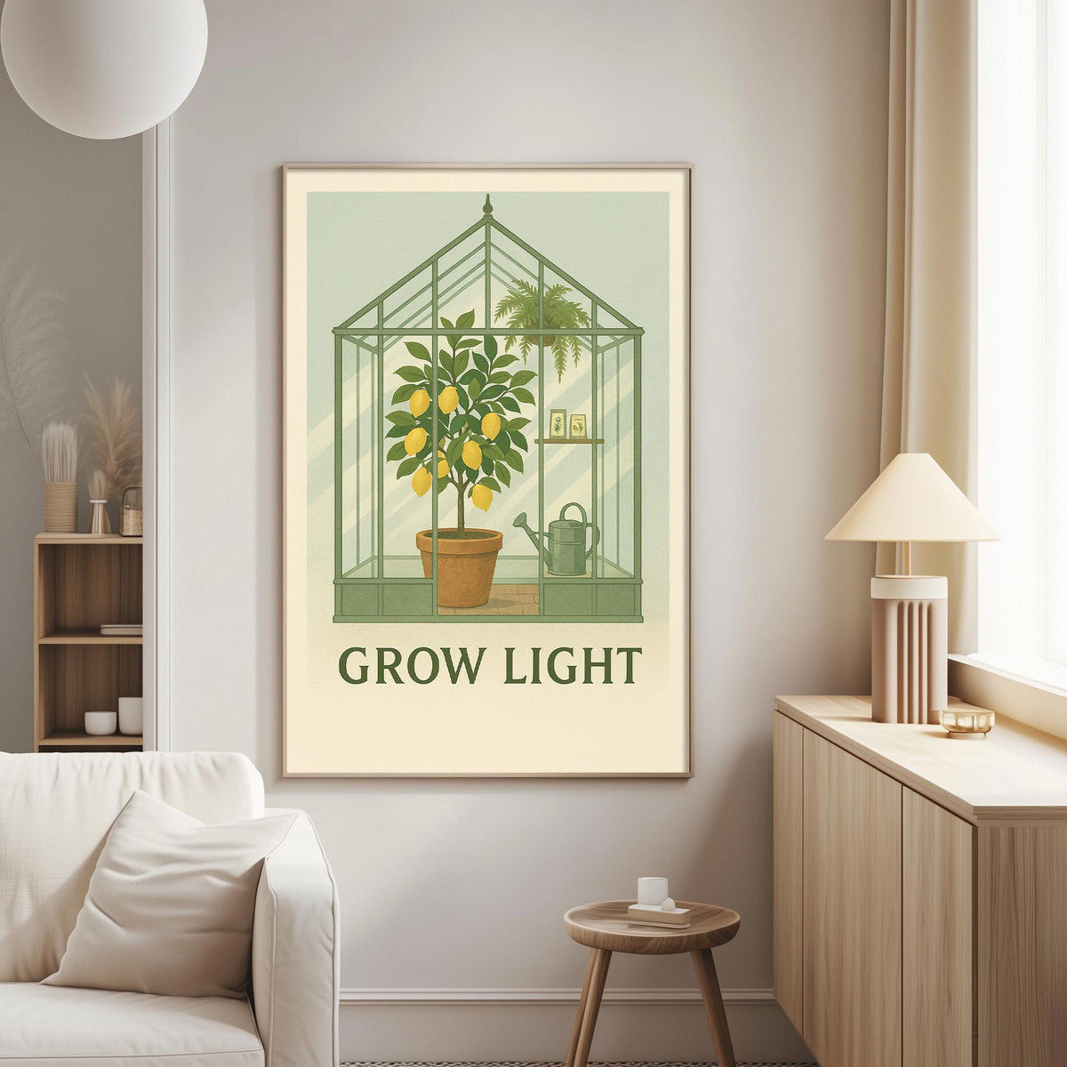 a living room with a large framed poster on the wall that depicts a lemon tree inside a greenhouse. The poster has the text "GROW LIGHT" written on it.
