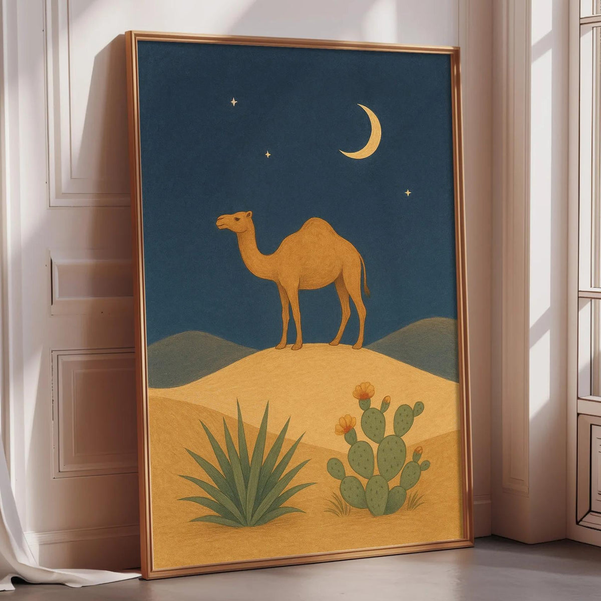 a camel standing on a sandy desert landscape with cacti and a crescent moon in the night sky.