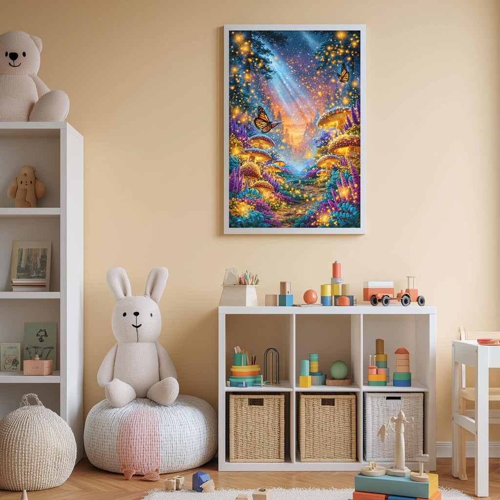 A cozy children's bedroom with a large stuffed bunny, a bookshelf, and a colorful painting of a fairy tale forest hanging on the wall.