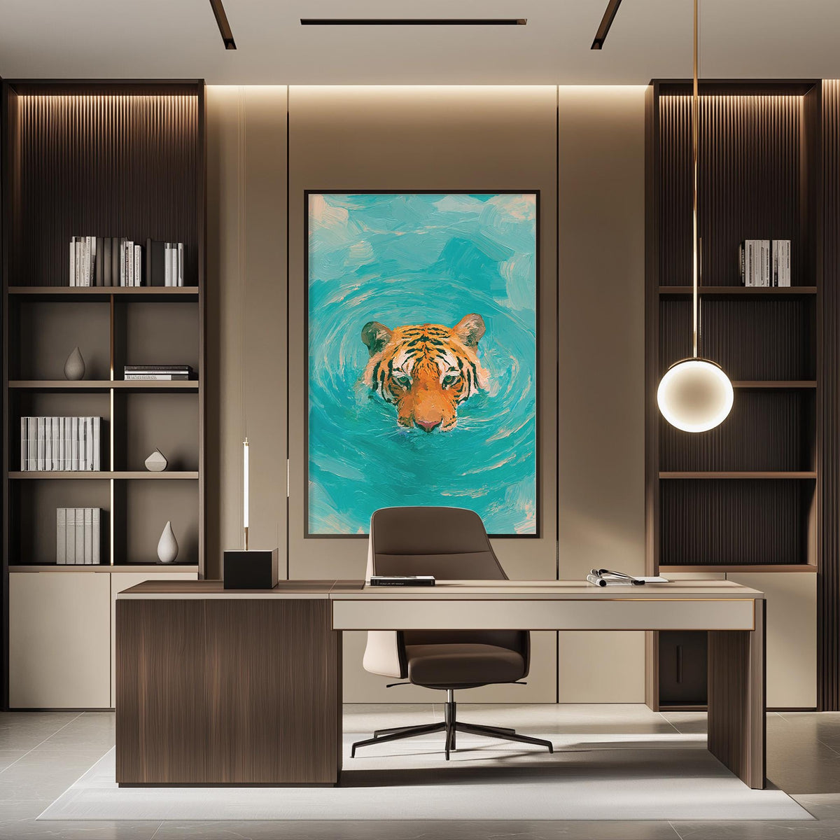 a modern office space with a large framed painting of a tiger swimming in turquoise water on the wall. The office has a wooden desk, a comfortable-looking chair, and a bookshelf filled with books. The overall design and decor create a serene and inspiring atmosphere.