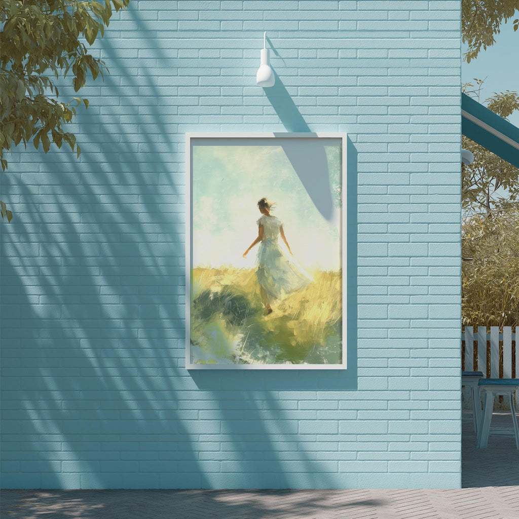 a woman in a white dress standing in a field of flowers, with a blue wall and a white light fixture above her.