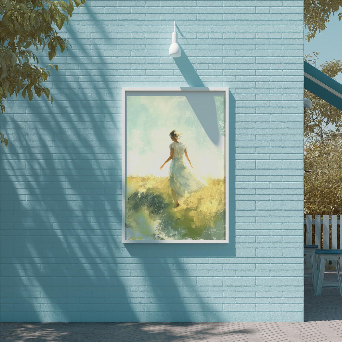 a woman in a white dress standing in a field of flowers, with a blue wall and a white light fixture above her.