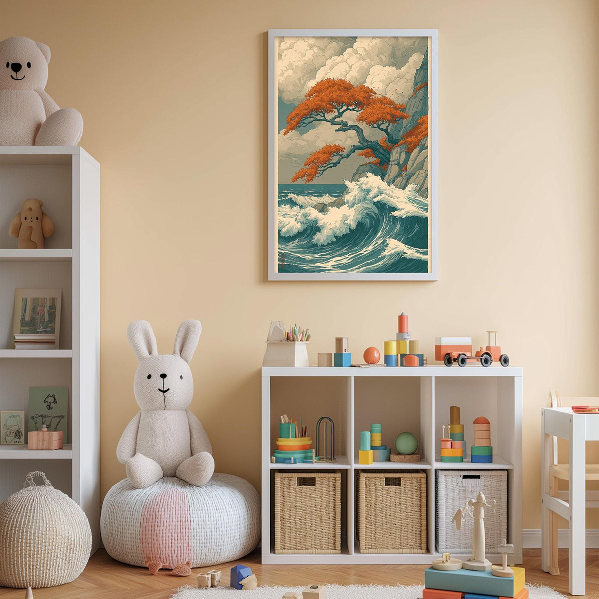 A cozy children's room with a large white bookshelf, a plush white bunny, and a colorful toy box filled with toys. Above the bookshelf is a framed picture of a serene ocean scene with a tree in the background.