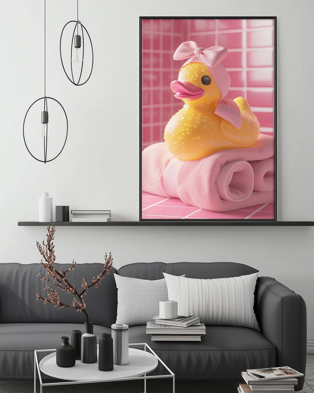 a large framed picture of a yellow rubber duck sitting on a pink towel, which is hanging on a wall above a gray couch.