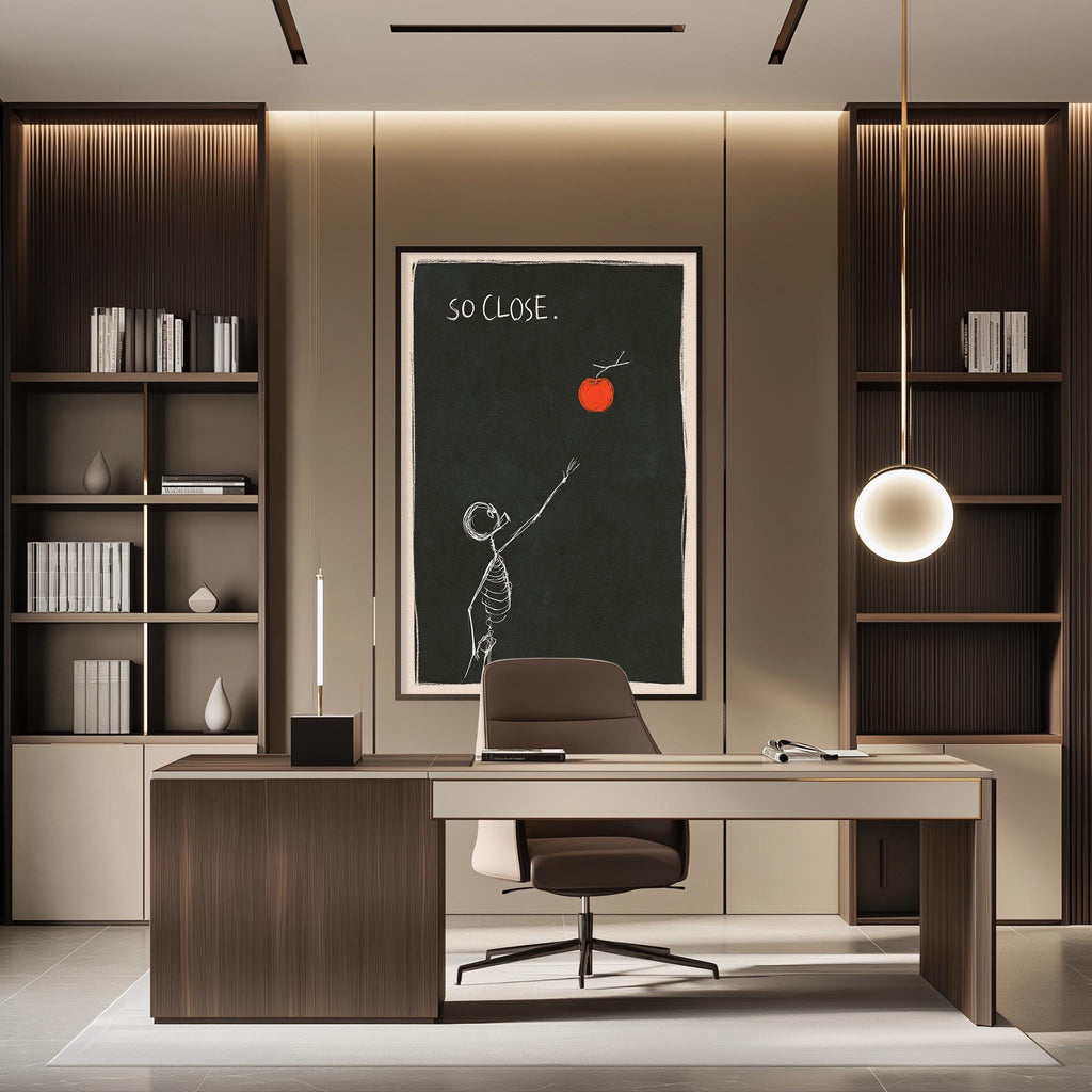 a modern and minimalist office space with a desk, chair, and bookshelves. The desk has a large computer monitor and a lamp, and there is a framed artwork on the wall above the desk.