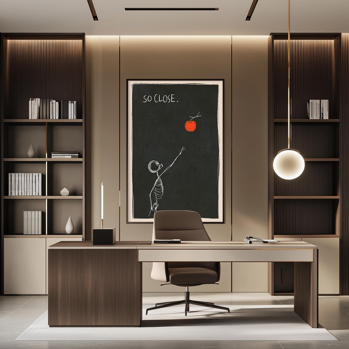 a modern and minimalist office space with a desk, chair, and bookshelves. The desk has a large computer monitor and a lamp, and there is a framed artwork on the wall above the desk.