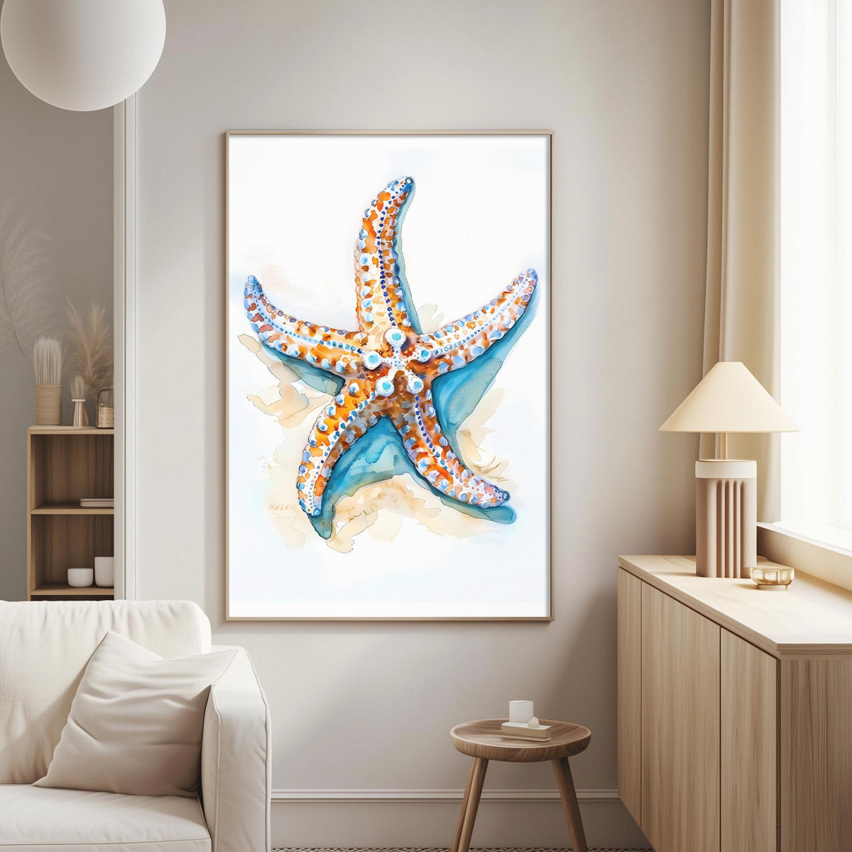 a large framed painting of a starfish hanging on a wall in a living room.