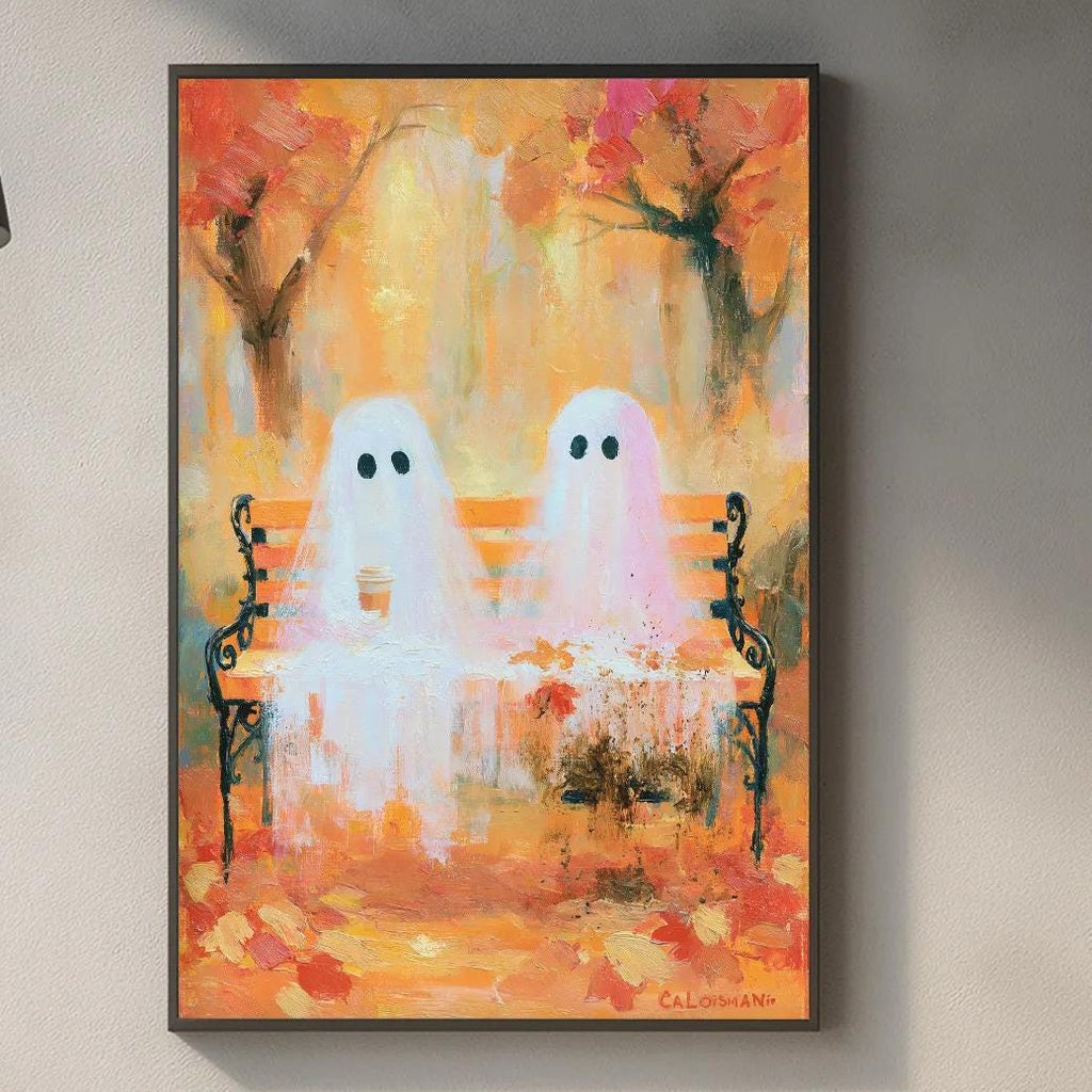 a kitchen counter with various items on it, including a wooden cutting board, a soap dispenser, and a plant. Above the counter, there is a framed painting depicting two ghostly figures sitting on a bench.