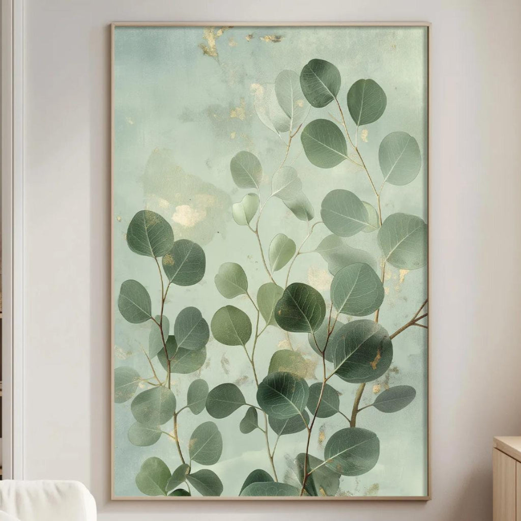 a living room with a large framed painting of green leaves hanging on the wall. The painting is positioned above a white couch, which is placed against the wall. The room also includes a small table and a lamp, creating a cozy and inviting atmosphere.