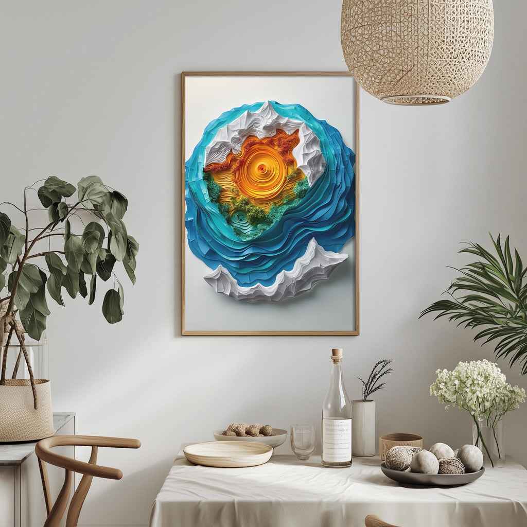 a dining table with a white tablecloth, a bowl of fruit, a bottle, and a vase with flowers. Above the table, there is a framed artwork depicting a colorful, abstract design with a sun-like shape at the center.