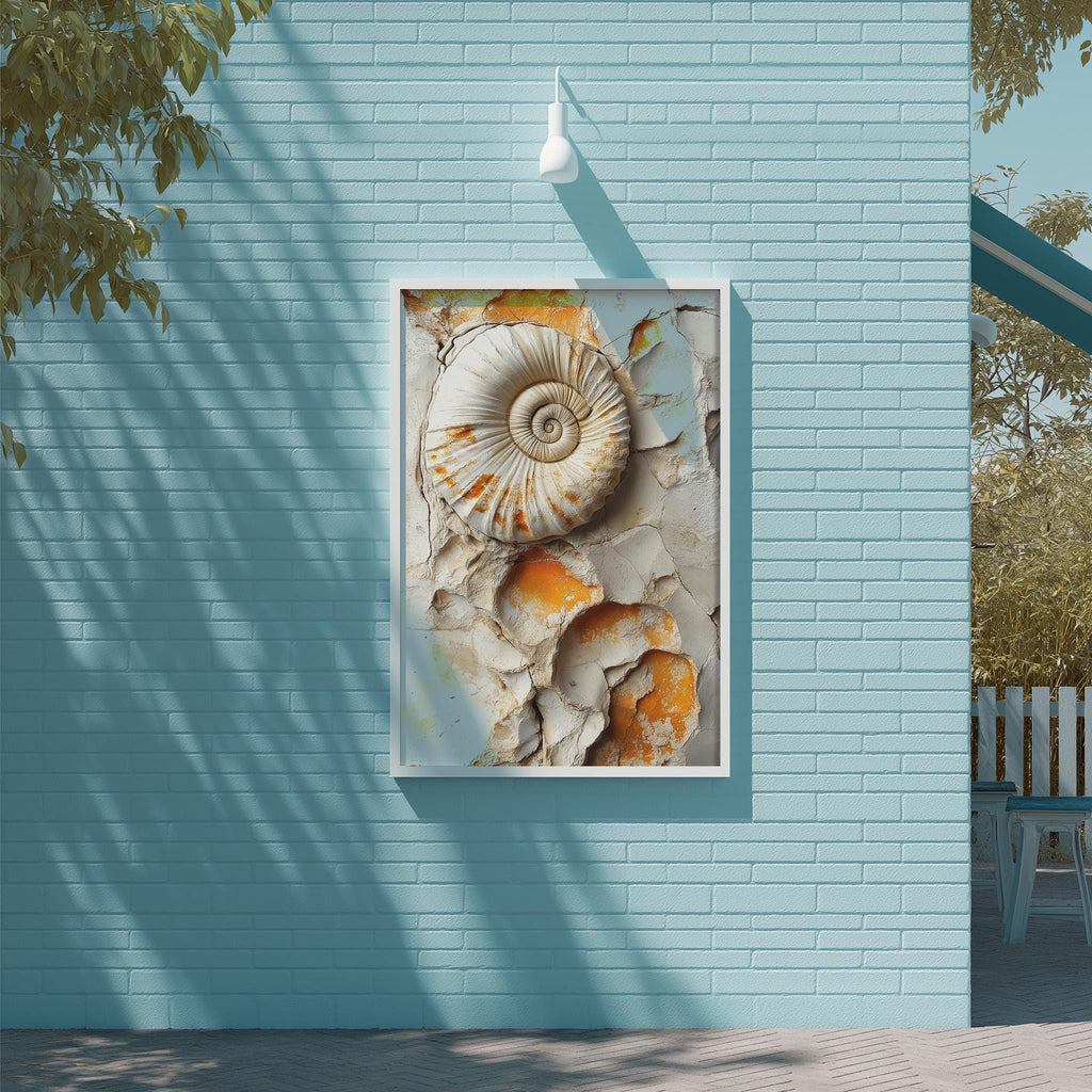 a blue brick wall with a framed picture of a shell on it.