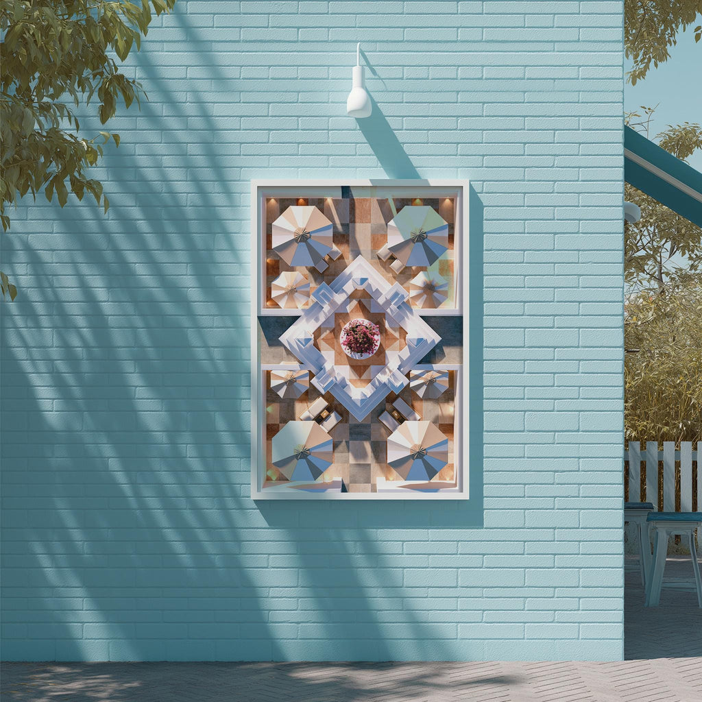 a blue brick wall with a framed abstract artwork hanging on it. The artwork consists of a geometric pattern with various shades of blue, orange, and white colors. The artwork is displayed on the wall, and there is a white light fixture above it.