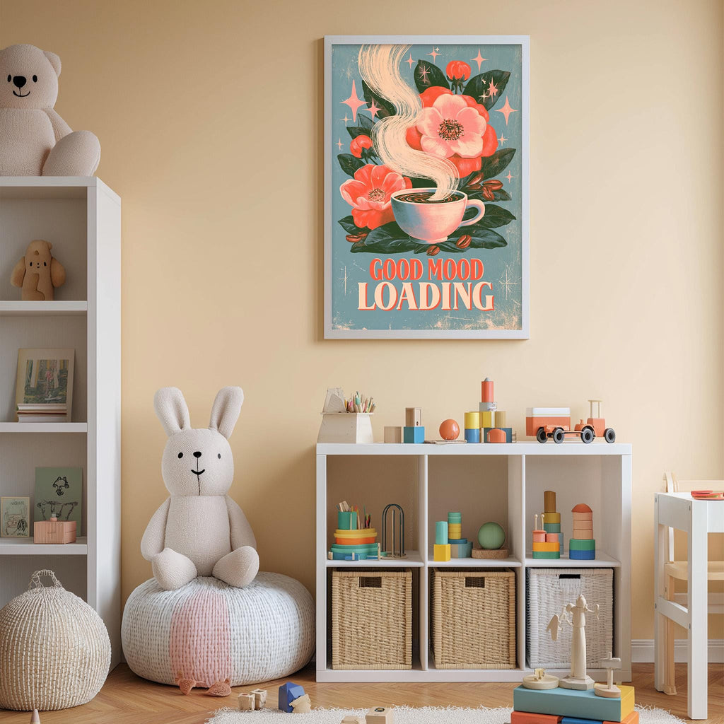 A child's bedroom with a white bookshelf, a stuffed rabbit, and a colorful poster on the wall. The poster features a cup of coffee with flowers and the text "Good mood loading".