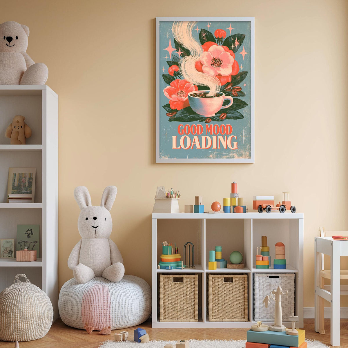 A child's bedroom with a white bookshelf, a stuffed rabbit, and a colorful poster on the wall. The poster features a cup of coffee with flowers and the text "Good mood loading".