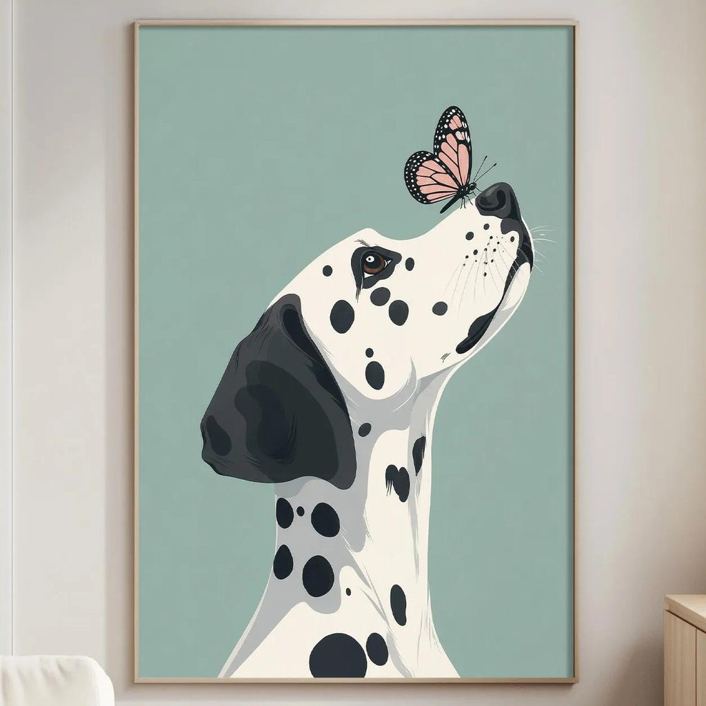 a Dalmatian dog with a butterfly on its nose, standing on a green background.