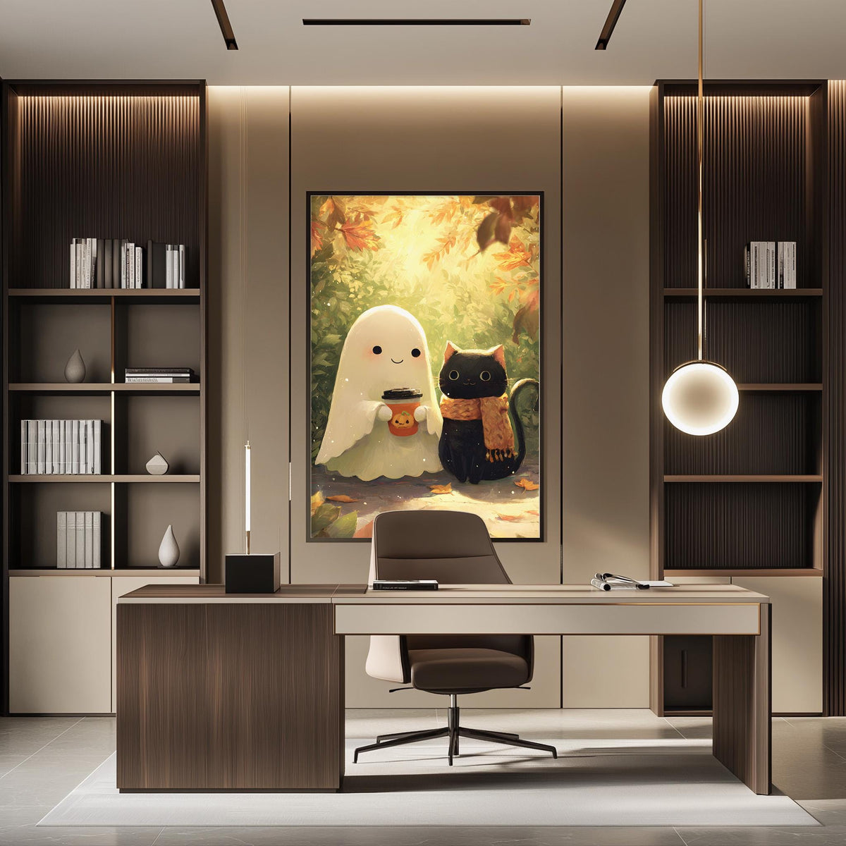 a modern office space with a large framed artwork depicting a ghost and a cat on the wall. The office has a wooden desk, a chair, and a bookshelf filled with books. The overall design and decor create a cozy and creative atmosphere.