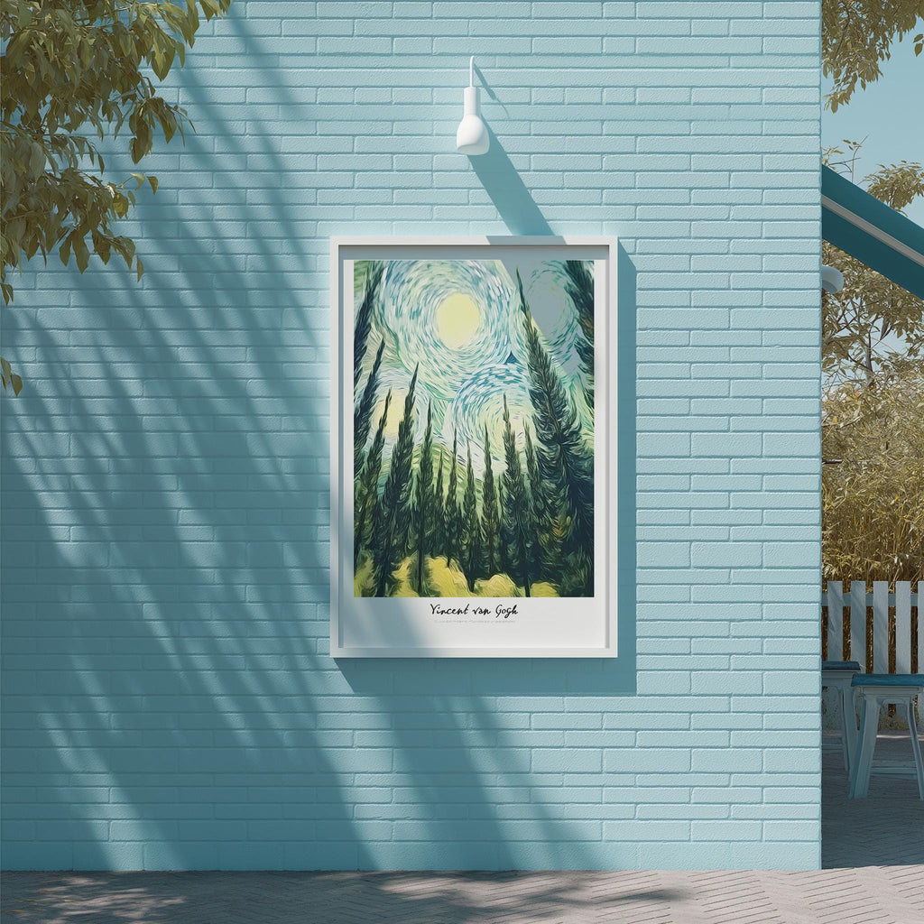 a framed painting of a forest scene with a bright yellow sun in the sky, hanging on a blue brick wall.