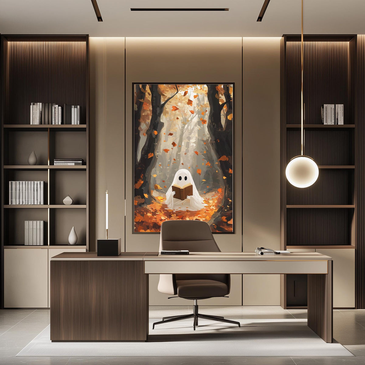 a modern office space with a large framed artwork depicting a ghost in a forest setting, surrounded by falling leaves. The office has a wooden desk, a comfortable chair, and a bookshelf filled with books. The overall design and decor create a cozy and creative atmosphere.
