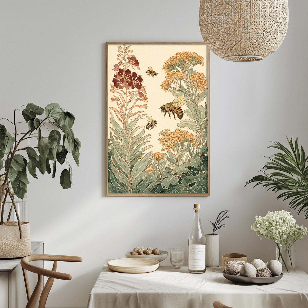 a dining table with a white tablecloth, a bowl of fruit, a bottle, and a vase with flowers. Above the table, there is a framed painting of a bee surrounded by flowers and plants.