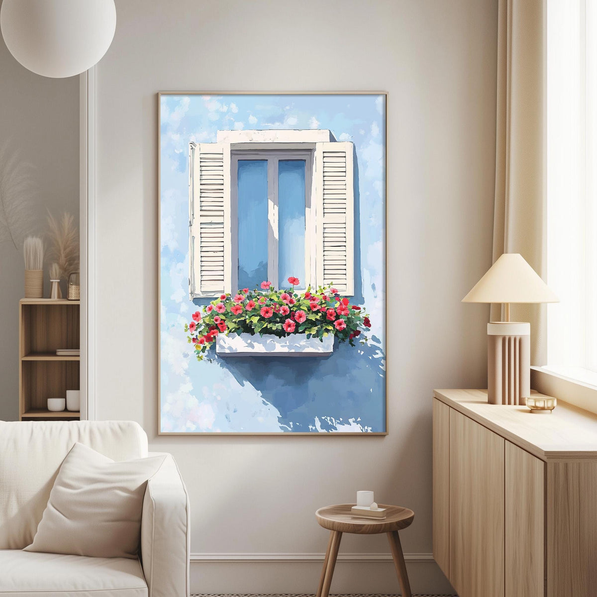 a living room with a white sofa, a wooden side table, and a framed painting of a window with a flower box.