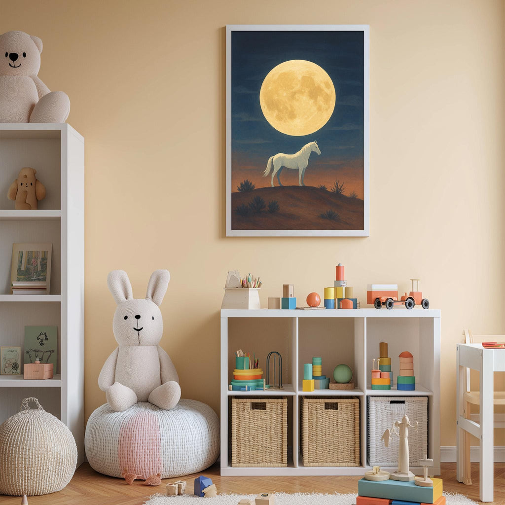 a cozy and well-organized children's bedroom, featuring a large white stuffed rabbit sitting on a white bean bag chair, a bookshelf filled with toys, and a framed poster of a horse and a full moon on the wall.