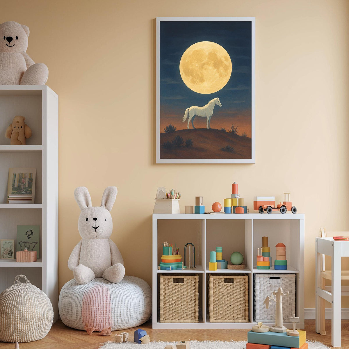 a cozy and well-organized children's bedroom, featuring a large white stuffed rabbit sitting on a white bean bag chair, a bookshelf filled with toys, and a framed poster of a horse and a full moon on the wall.