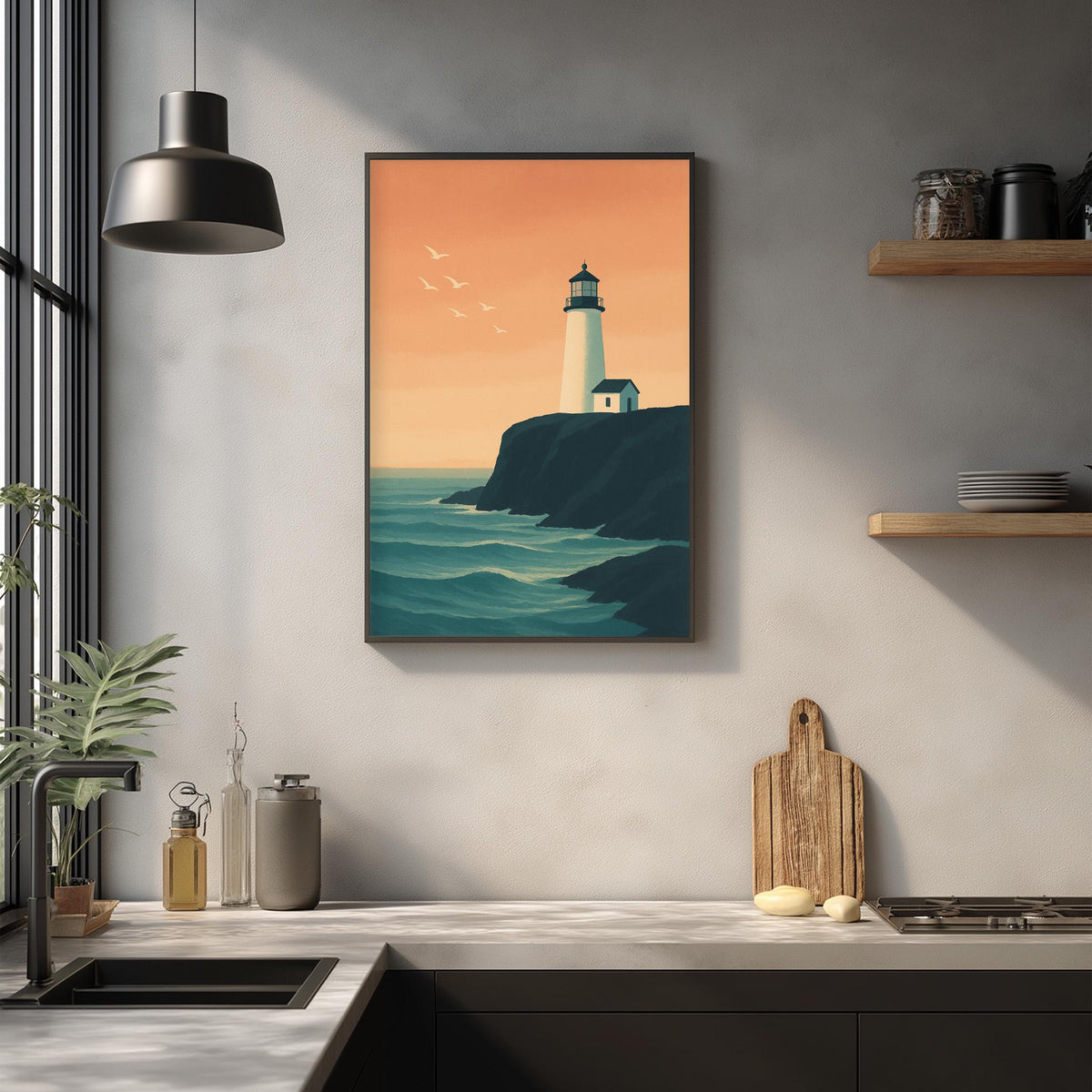 a kitchen counter with a framed picture of a lighthouse on the wall above it. The picture depicts a serene coastal scene with a lighthouse overlooking the ocean.