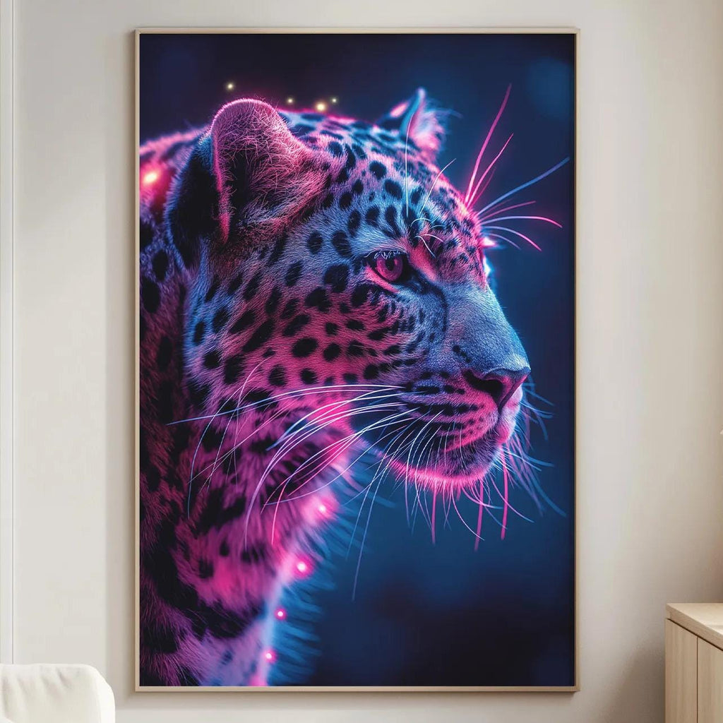 a large, vibrant poster of a leopard with a striking pink and blue color scheme, displayed on a wall in a living room setting.