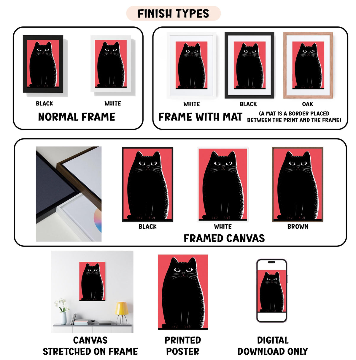 various images of black cats in different frames and mat colors, along with descriptions of the finish types for each cat.