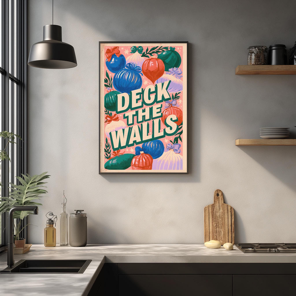 a kitchen counter with various kitchen items, such as a cutting board, a sink, and a potted plant. Above the counter, there is a framed poster with the text "Deck the Walls" written on it.