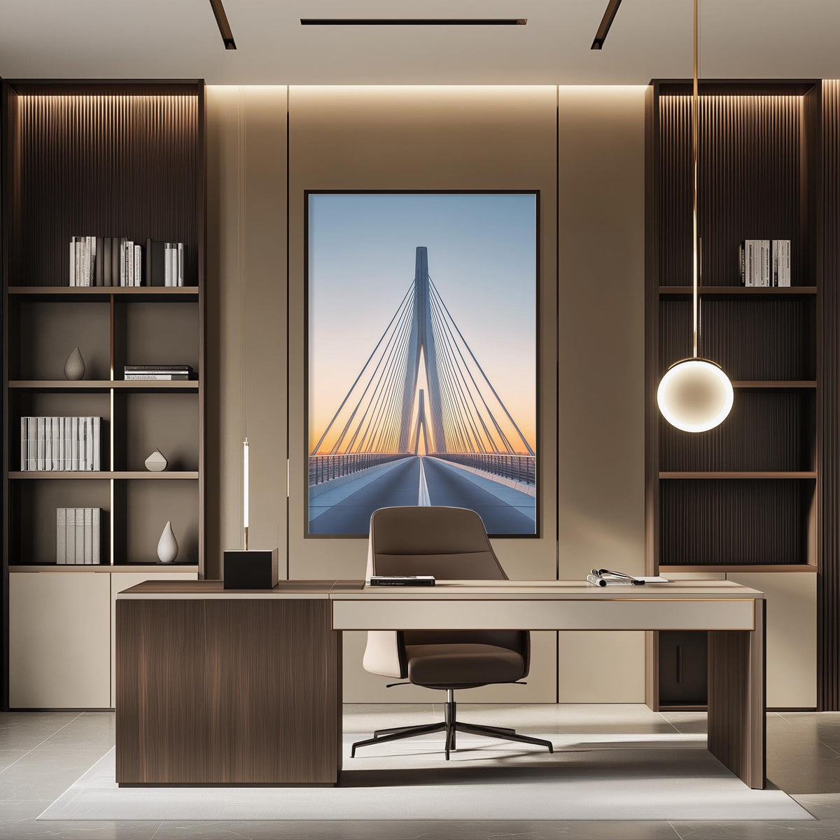 a modern office space with a large window that offers a view of a bridge at sunset. The office features a wooden desk, a comfortable chair, and a bookshelf filled with books. The overall design and decor create a serene and inviting atmosphere.