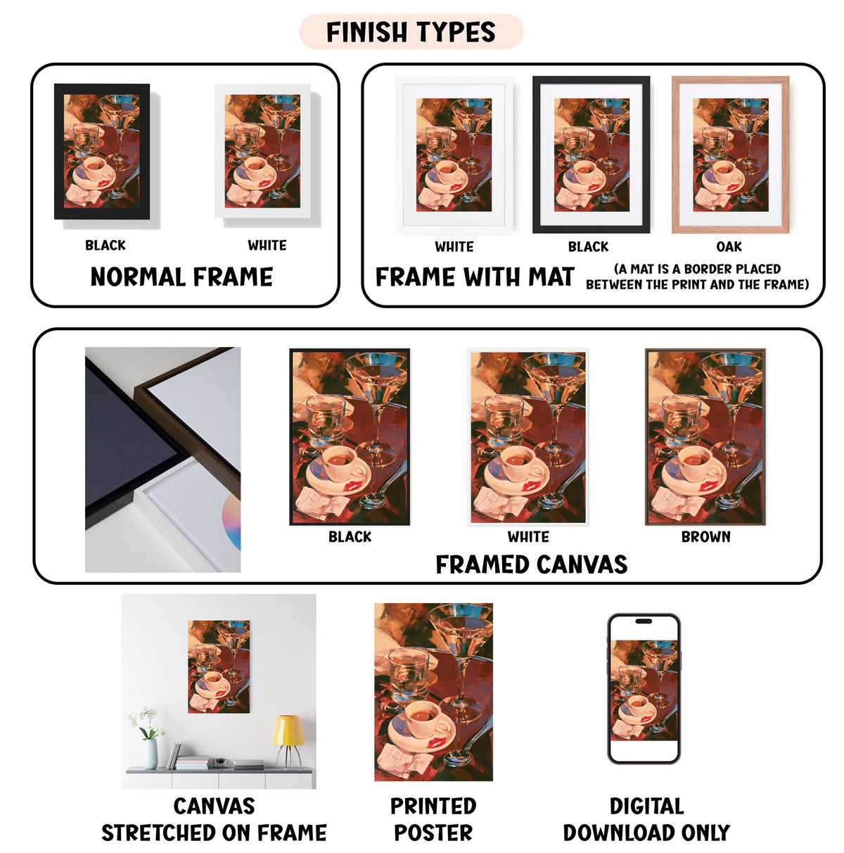 various types of artwork, including paintings, framed prints, and digital art, each with different finishes and frame styles.