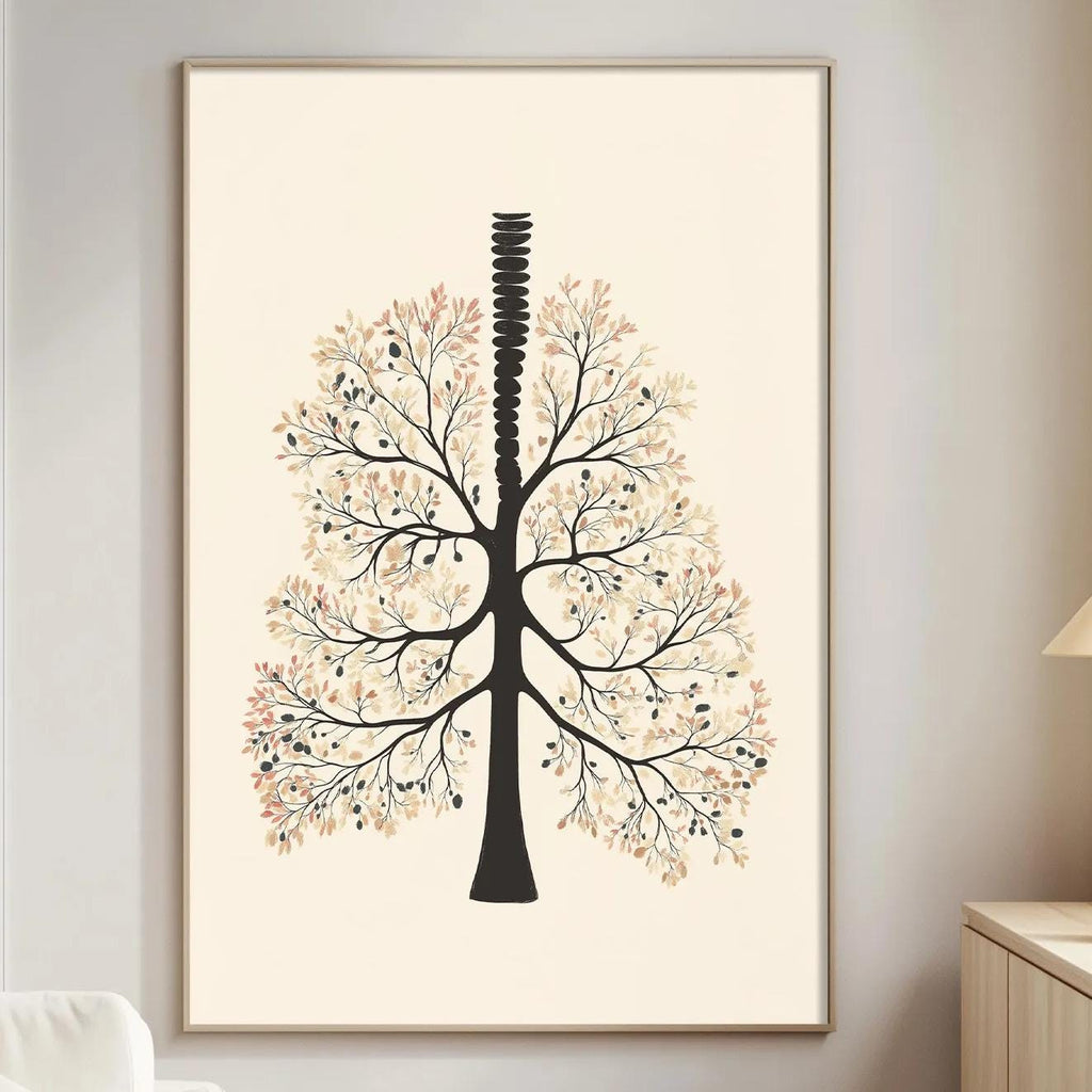 a living room with a large framed artwork of a tree with orange and white leaves hanging on the wall. The room has a white sofa, a wooden side table, and a lamp on a wooden cabinet.