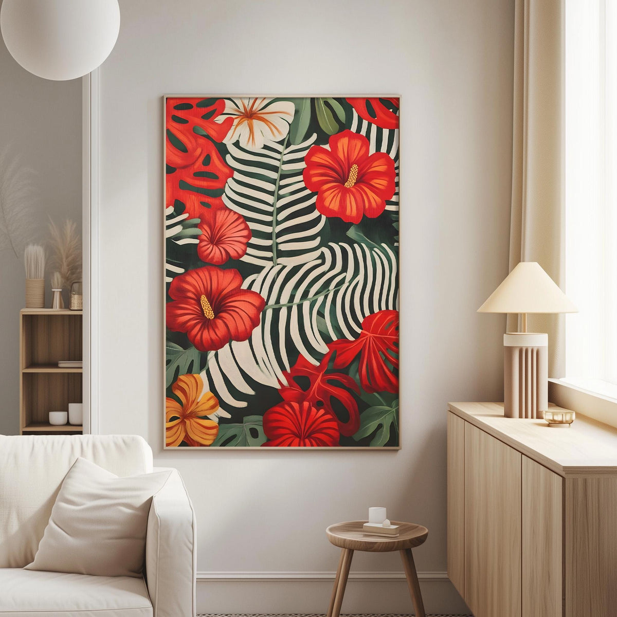 a vibrant and colorful painting of tropical flowers and leaves hanging on a wall in a living room.