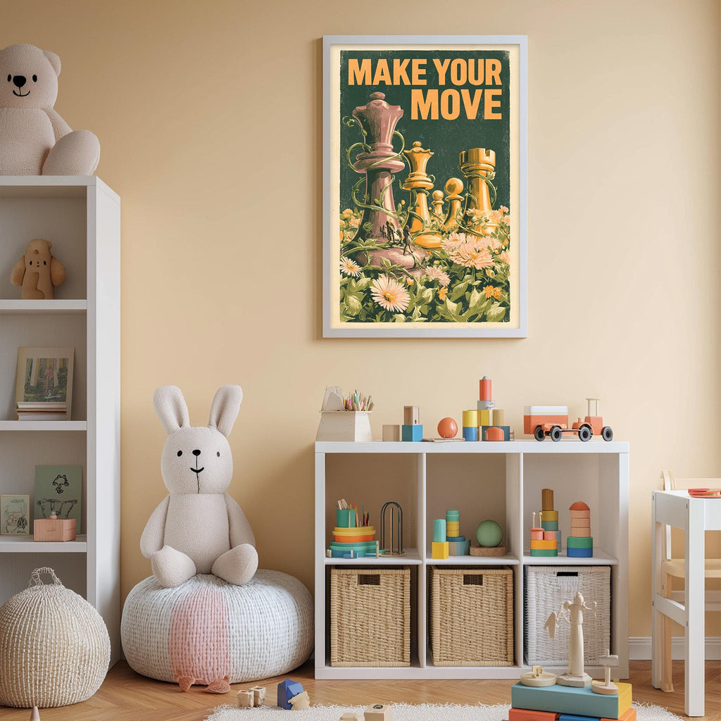 A child's bedroom with a white bookshelf, a stuffed rabbit, and a colorful toy set. Above the bookshelf is a framed poster with the text "MAKE YOUR MOVE".