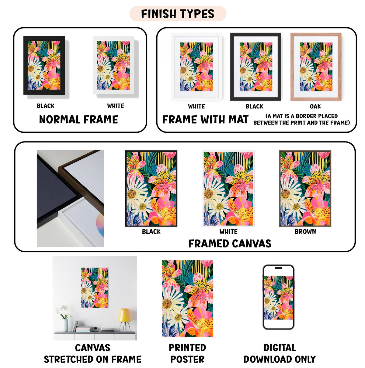 various types of artwork, including paintings, framed prints, and digital art, each with different finishes and frame styles.