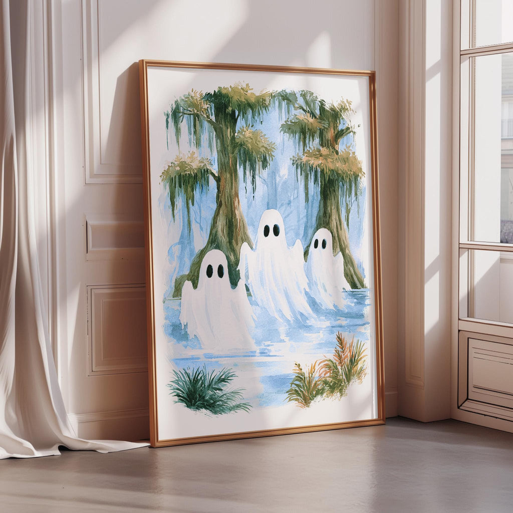 a framed painting depicting three ghostly figures floating in a swampy, swampy landscape with trees and greenery.