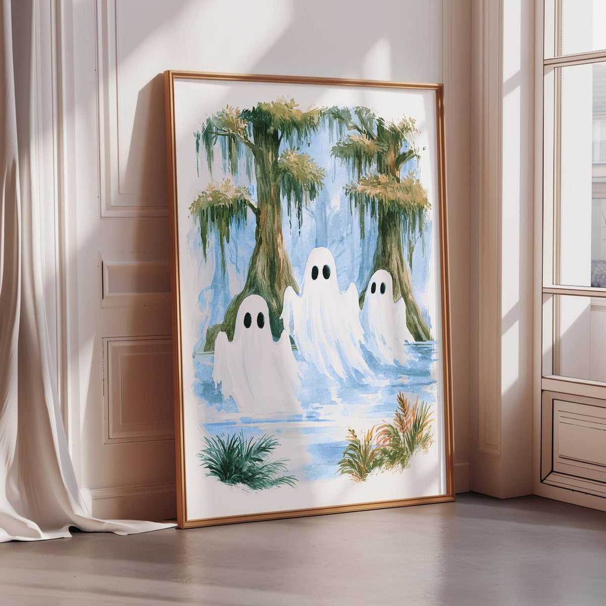 a framed painting depicting three ghostly figures floating in a swampy, swampy landscape with trees and greenery.
