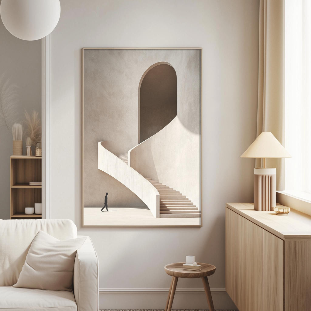 a minimalist living room with a large framed artwork of a staircase and a person walking up the stairs, creating a sense of depth and perspective.