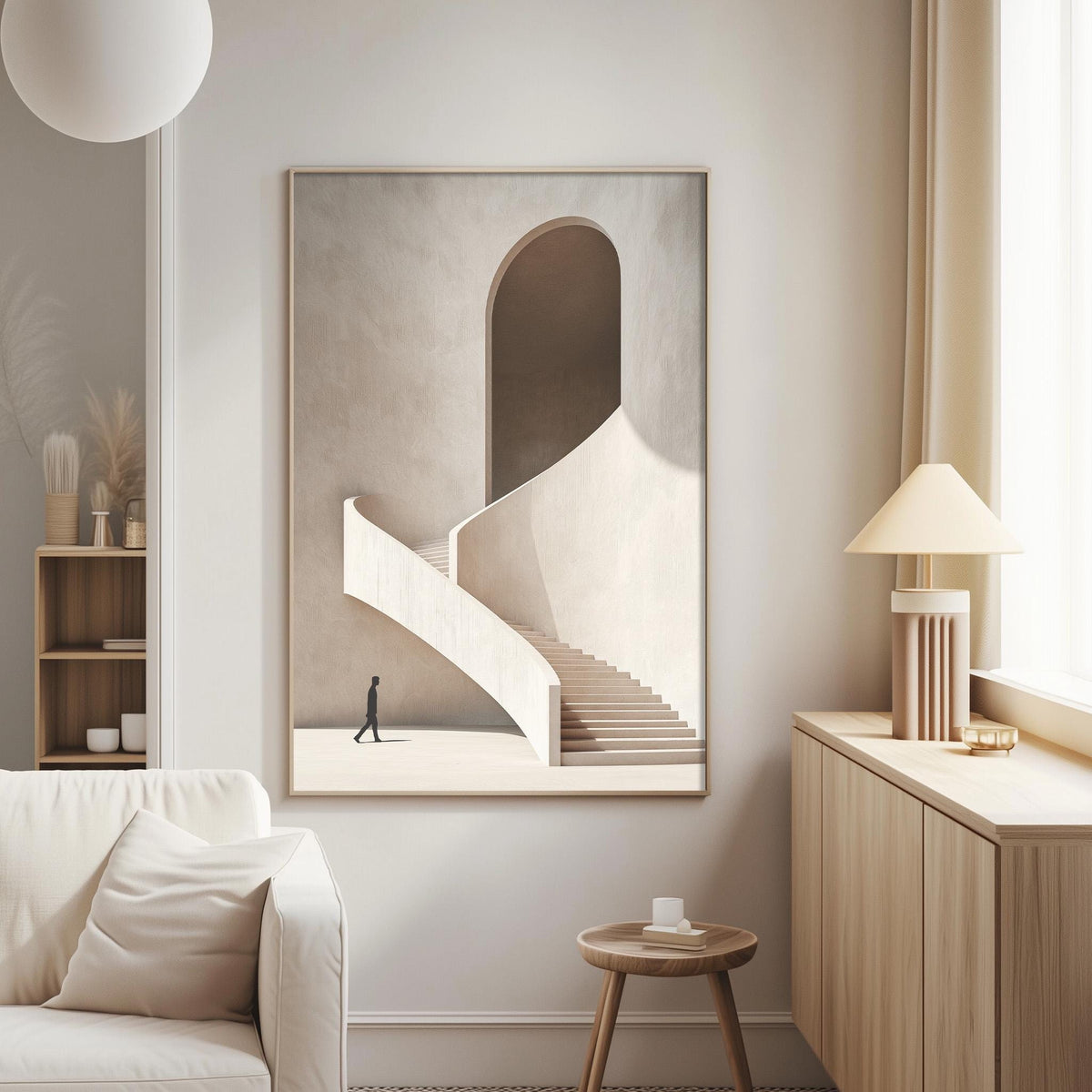 a minimalist living room with a large framed artwork of a staircase and a person walking up the stairs, creating a sense of depth and perspective.