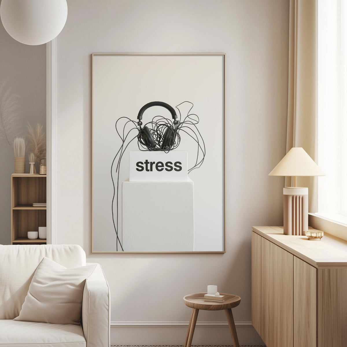a living room with a white couch, a wooden side table, and a framed poster on the wall that says "stress".
