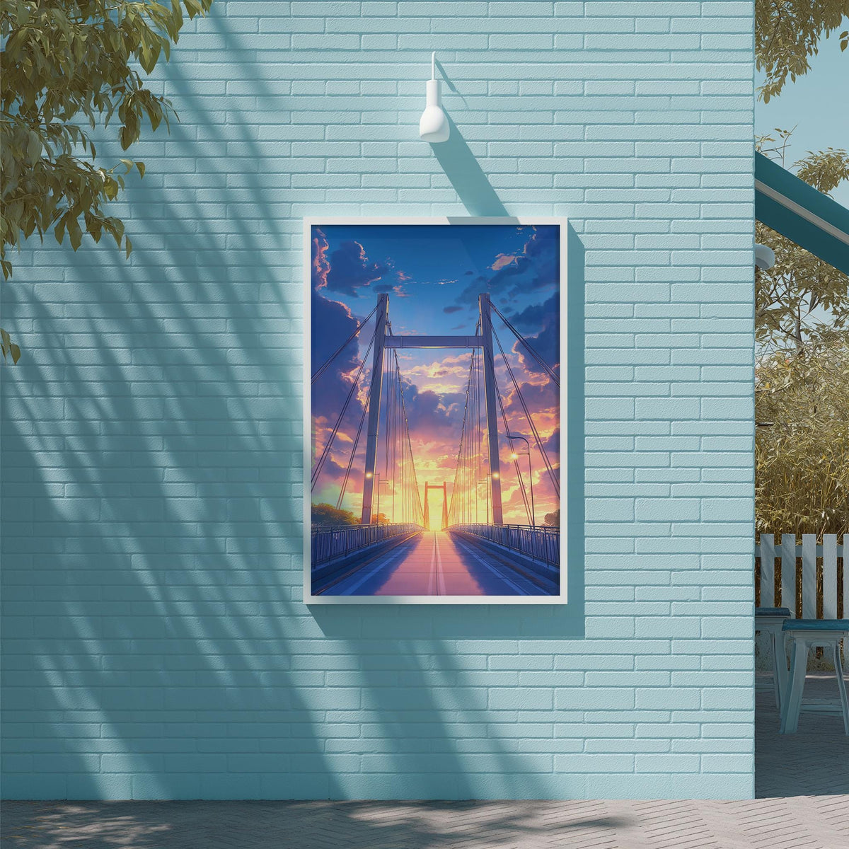 a large framed picture of a bridge with a sunset in the background, hanging on a blue brick wall.