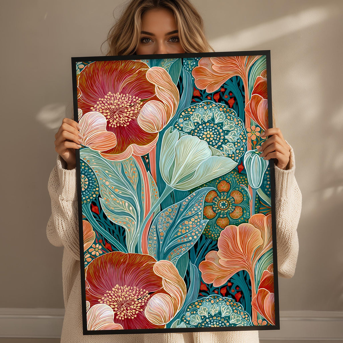 A woman holds up a framed print with a vibrant floral design featuring a variety of colorful flowers and leaves.
