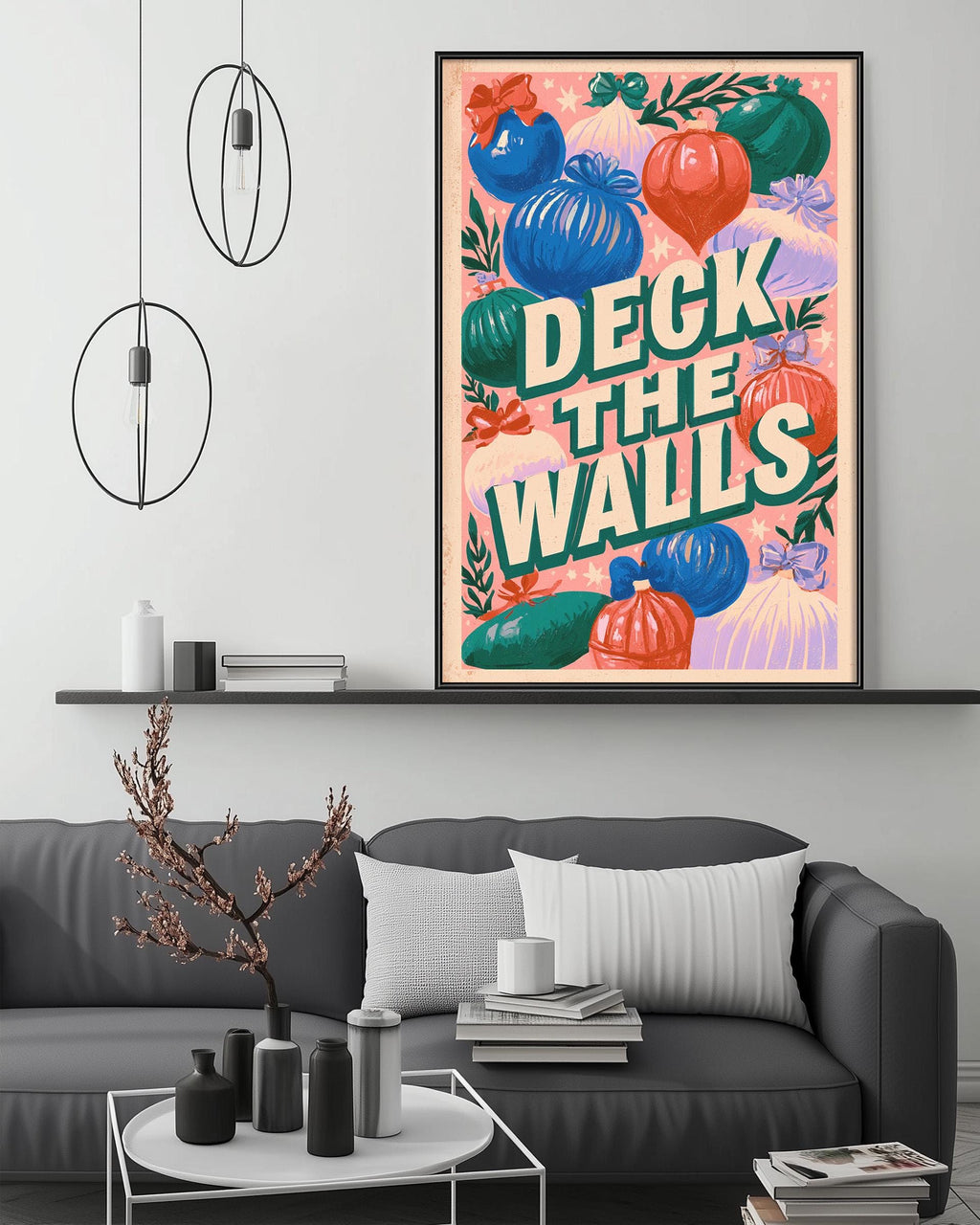 a modern living room with a gray sofa, a coffee table, and a large framed poster hanging on the wall.