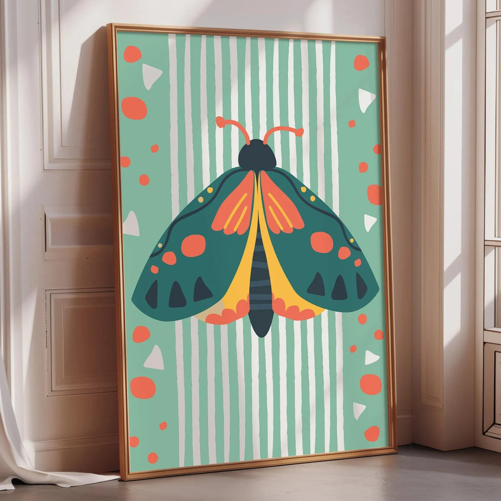 A framed poster of a colorful butterfly is displayed on a wall in a room with a window.