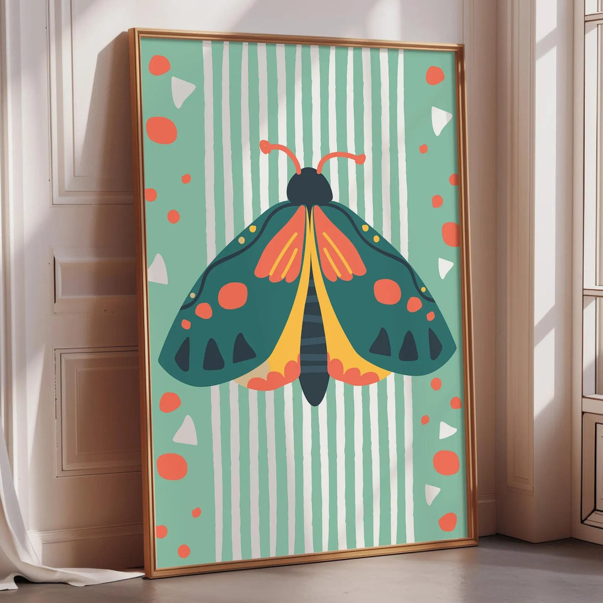 A framed poster of a colorful butterfly is displayed on a wall in a room with a window.
