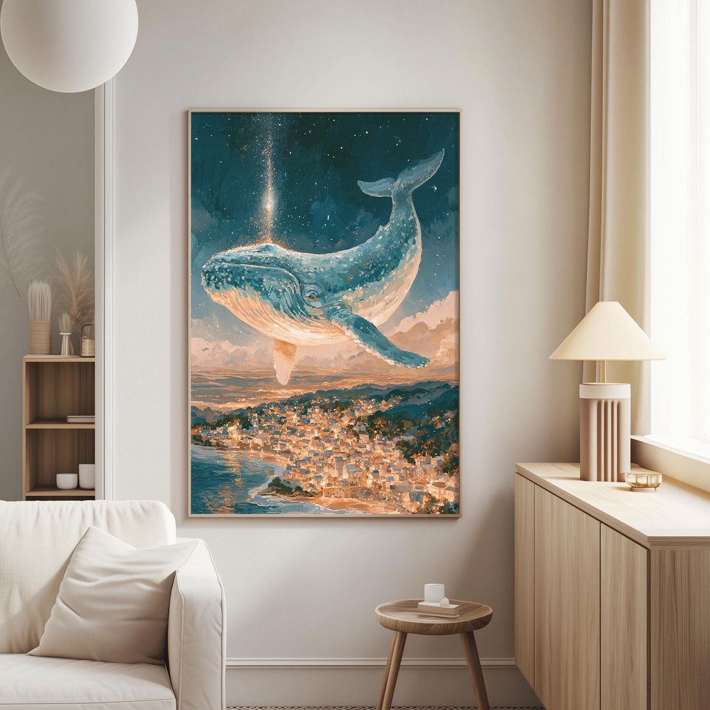 a large painting of a blue whale floating in a starry night sky, with a cityscape below.