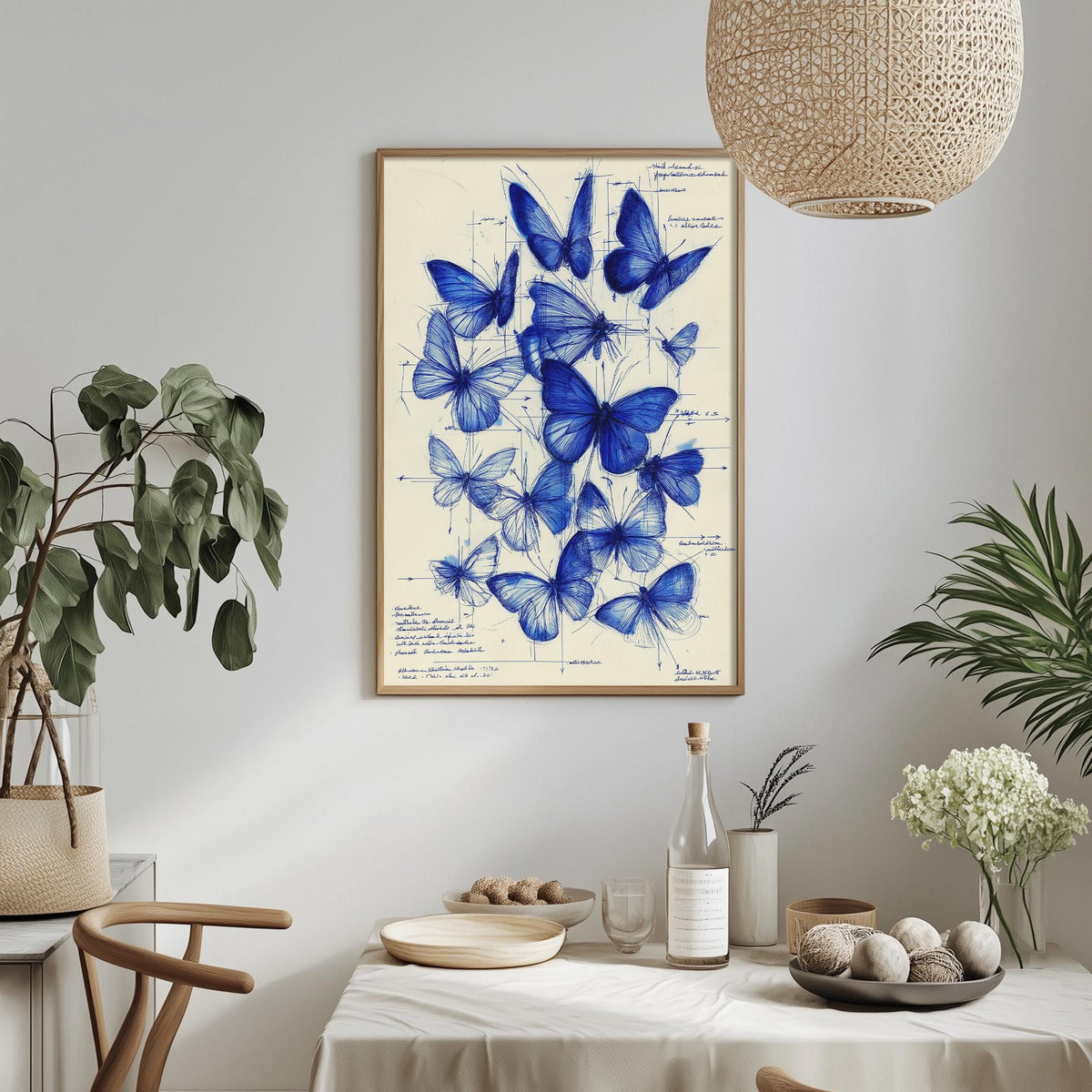 a dining table with a white tablecloth, a bowl of fruit, a bottle, and a vase with flowers. Above the table, there is a framed drawing of blue butterflies.