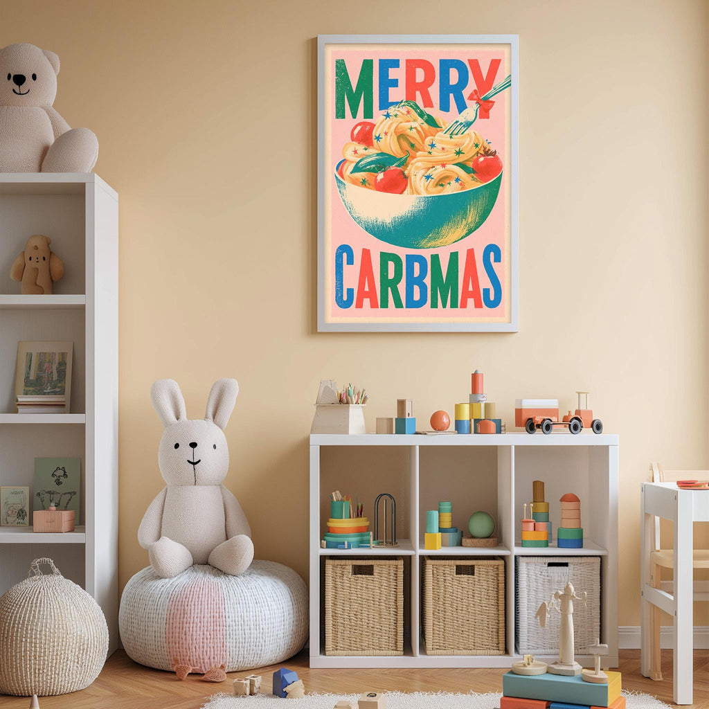 A child's bedroom with a white bookshelf, a stuffed rabbit, and a colorful poster on the wall that says "MERRY CARBMAS".
